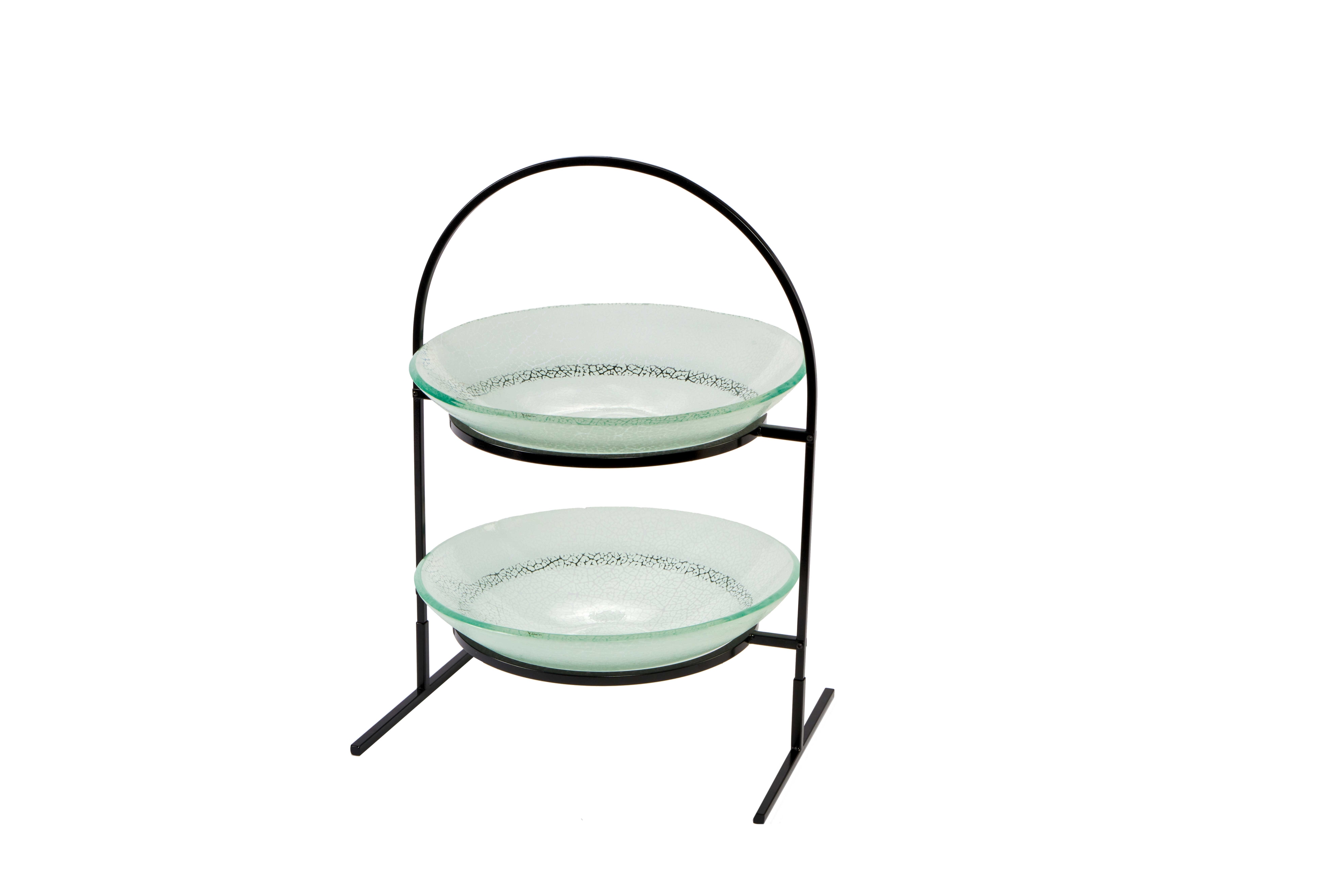 Rosseto Kalderon Two Level Round Black Metal Flat Packed Stand with Two Foglia White 14 inch Round Handmade Glass Bowls, 15.4 Ã— 10.63 Ã— 21.75 inch