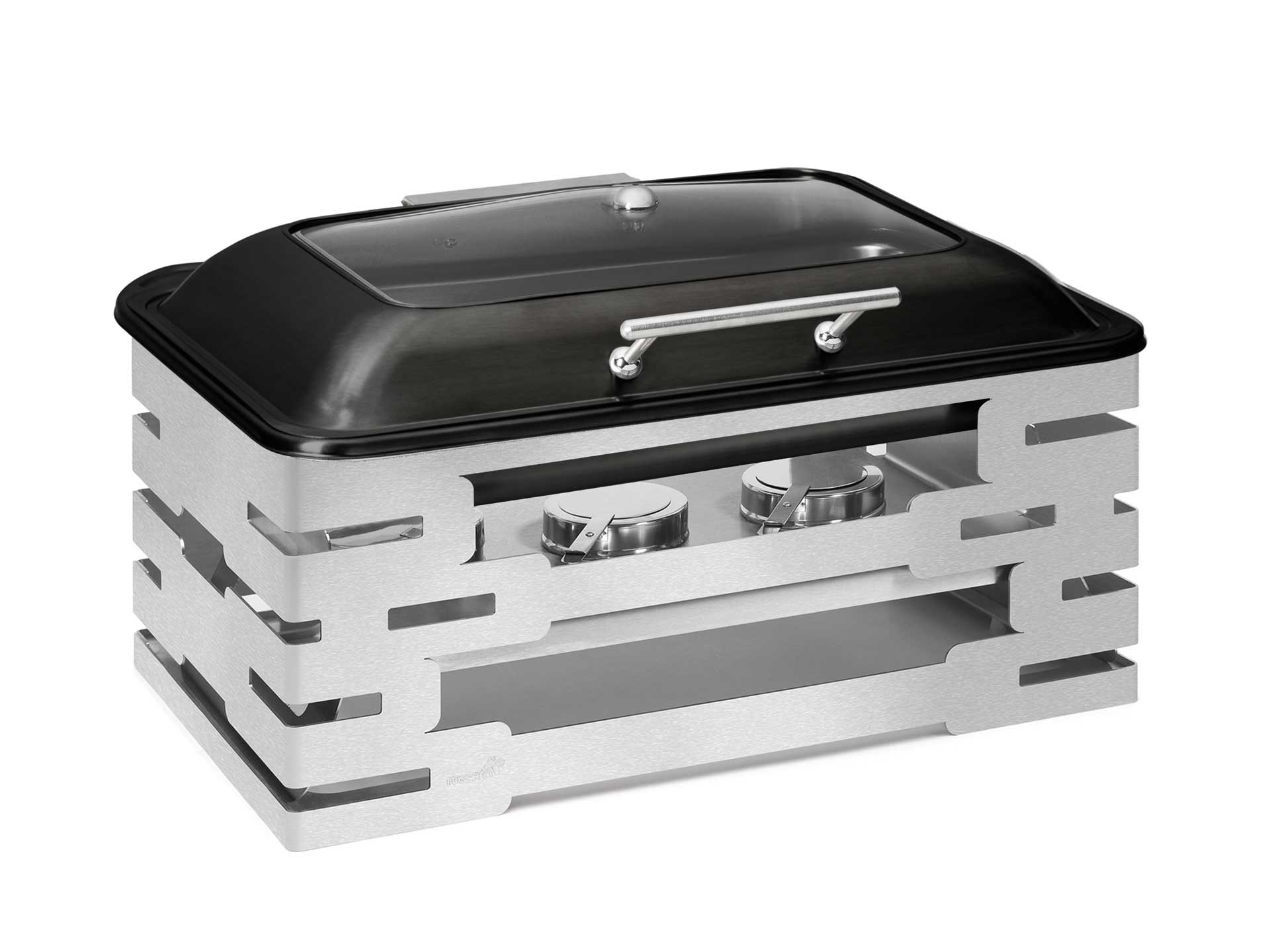 Rosseto Multi-Chef 10 inch Stainless Steel Warmer with Black Soft Close Chafer 3 Fuel Holders and Reversible Burner Stand, 22.50 x 17.50 x 14.50 inch