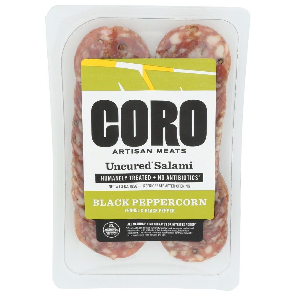 Coro Black Peppercorn Uncured Sliced Salami, 3 Ounce -- 12 per case
