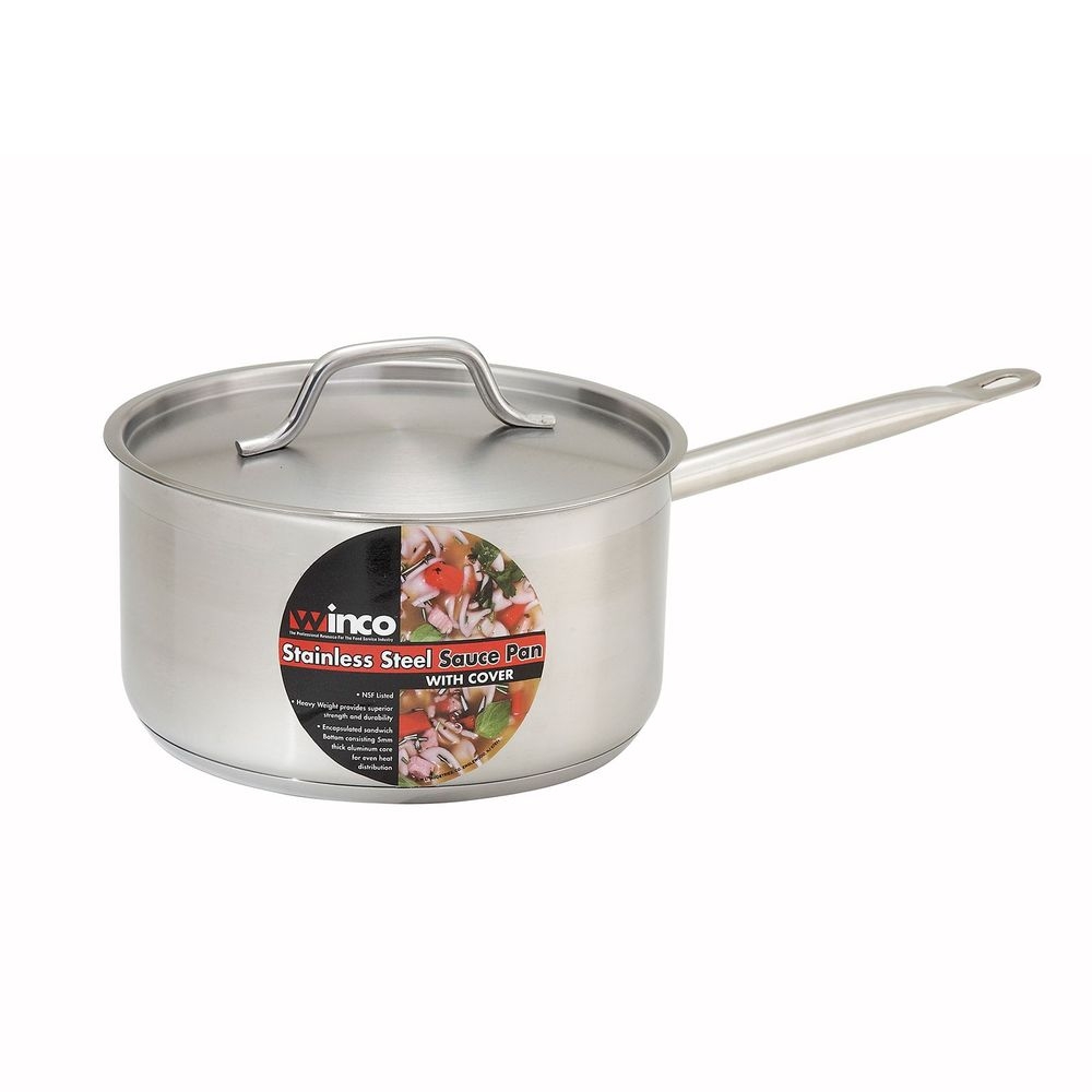 Winco SSSP-3 Stainless Steel Induction Ready Sauce Pan with Cover, 3.5 Quart Capacity