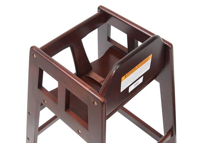 Mahogony Winco Rubberwood Natural Finish Knocked Down Stacking High Chair, 20 inch Length.