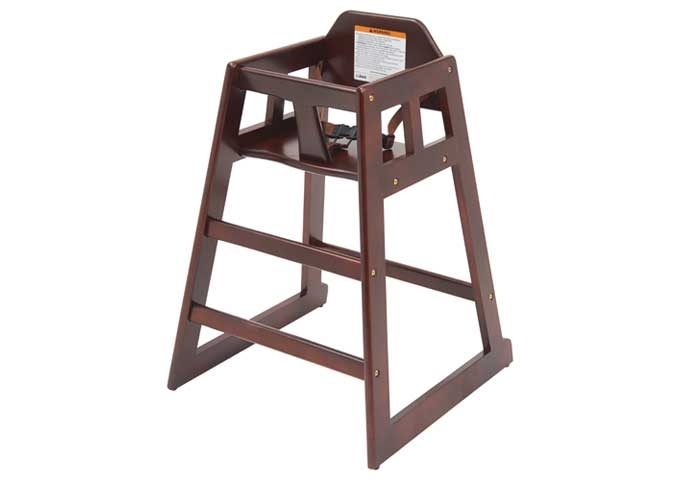 Mahogony Winco Rubberwood Natural Finish Knocked Down Stacking High Chair, 20 inch Length.