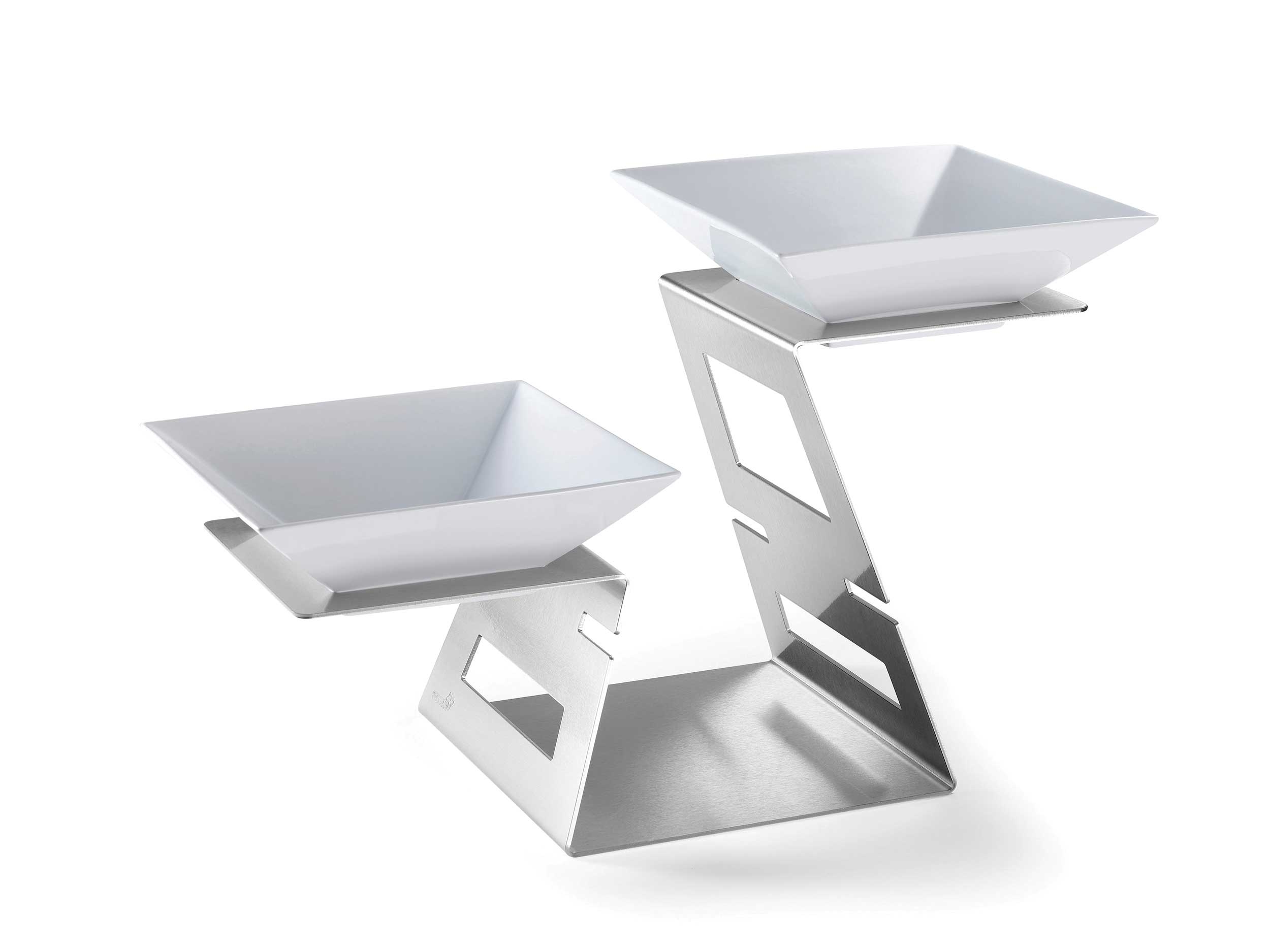 Rosseto Swan Stainless Steel Multi-Level Riser with Two Porcelain Bowls, 23.3 x 10.75 x 14.5 inch