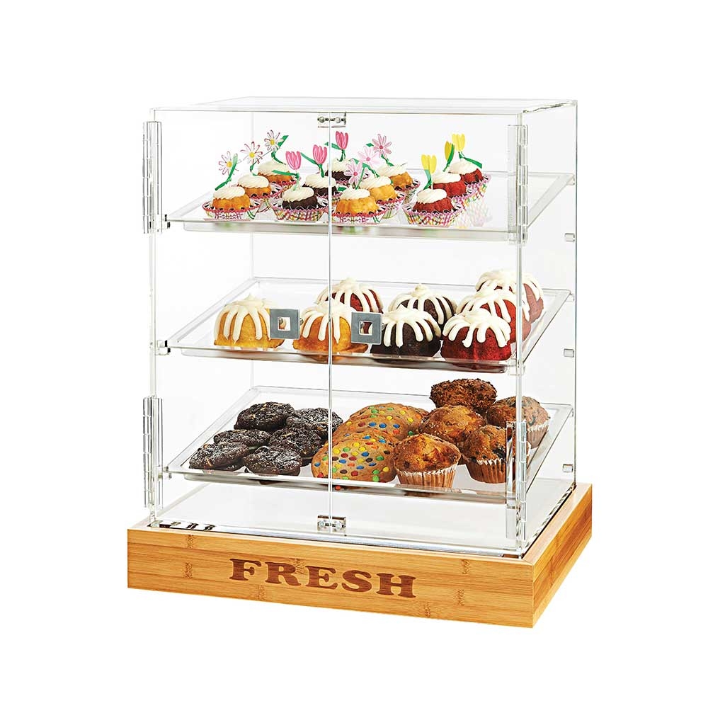 Rosseto Acrylic Large Two Door Bakery Cabinet with Three Frosted Trays and FRESH Bamboo Base, 21.5 x 17 x 25.5 inch