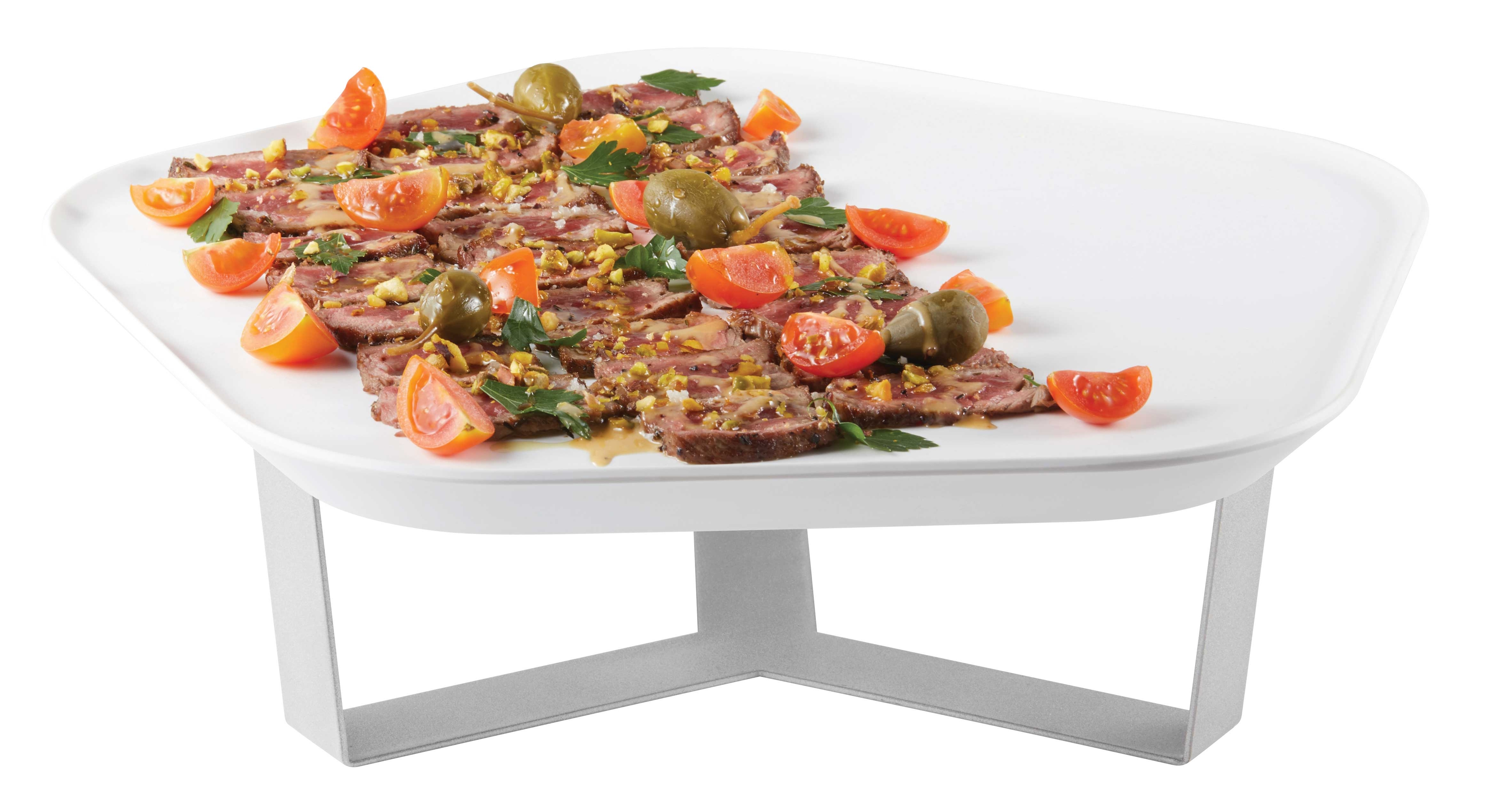 Rosseto Forme Melamine Polygon White Tray with Three Leg Silver Riser, 14.5 x 14 x 4.38 inch