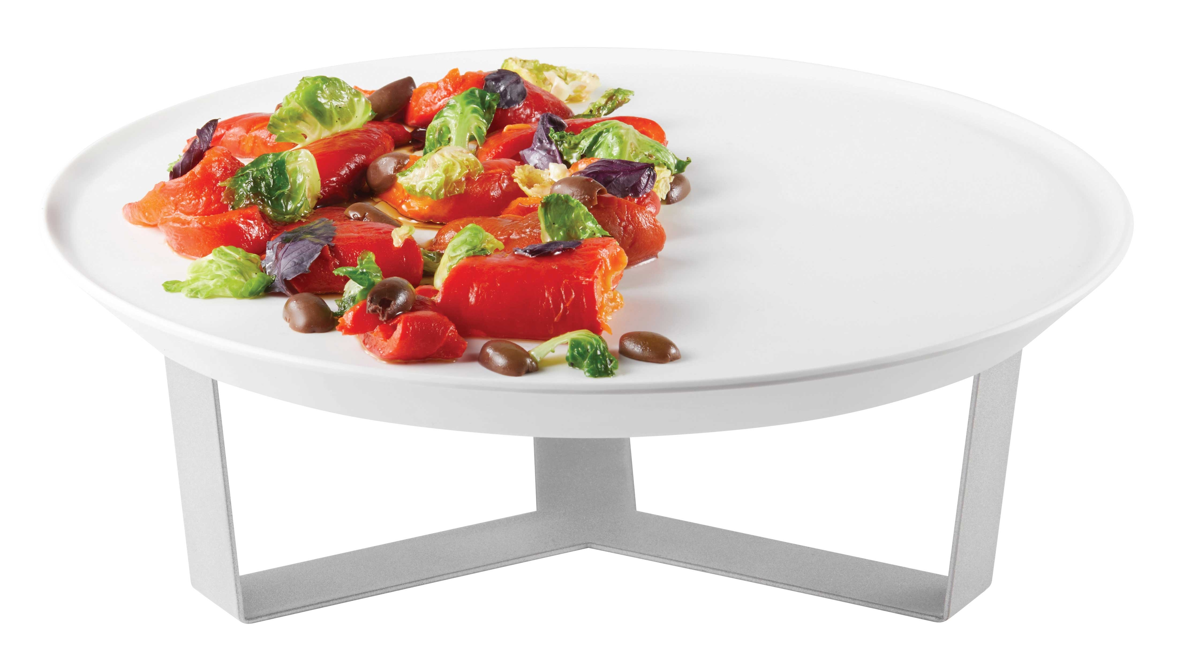 Rosseto Forme Melamine Round White Tray with Three Leg Silver Riser, 13.25 x 13.25 x 4.38 inch