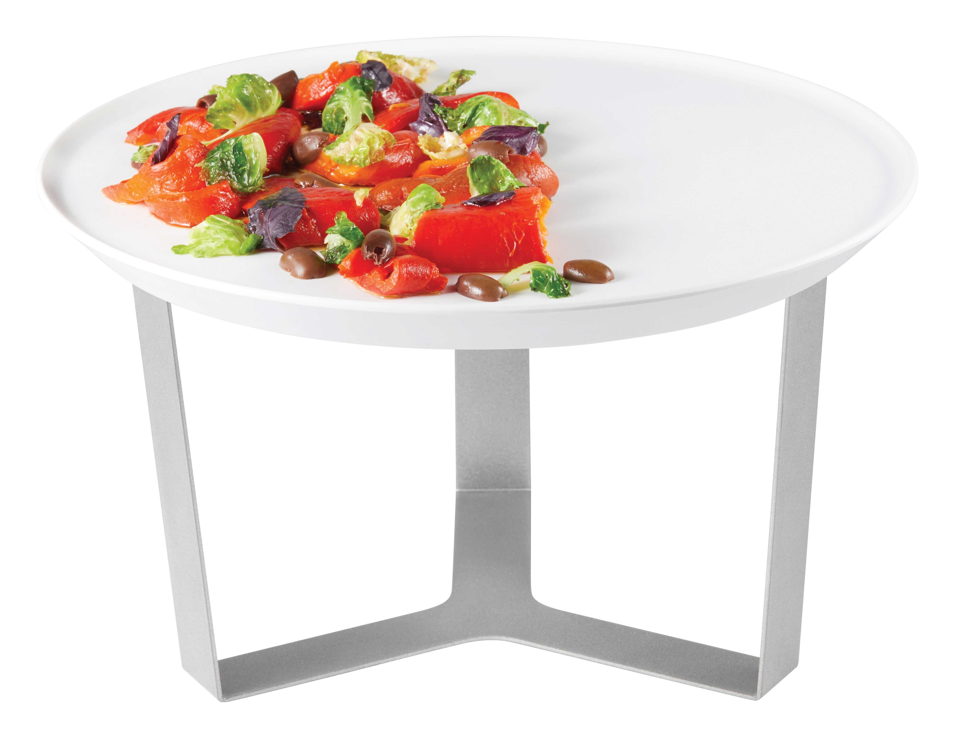Rosseto Forme Melamine Round White Tray with Three Leg Silver Riser, 13.25 x 13.25 x 7.5 inch