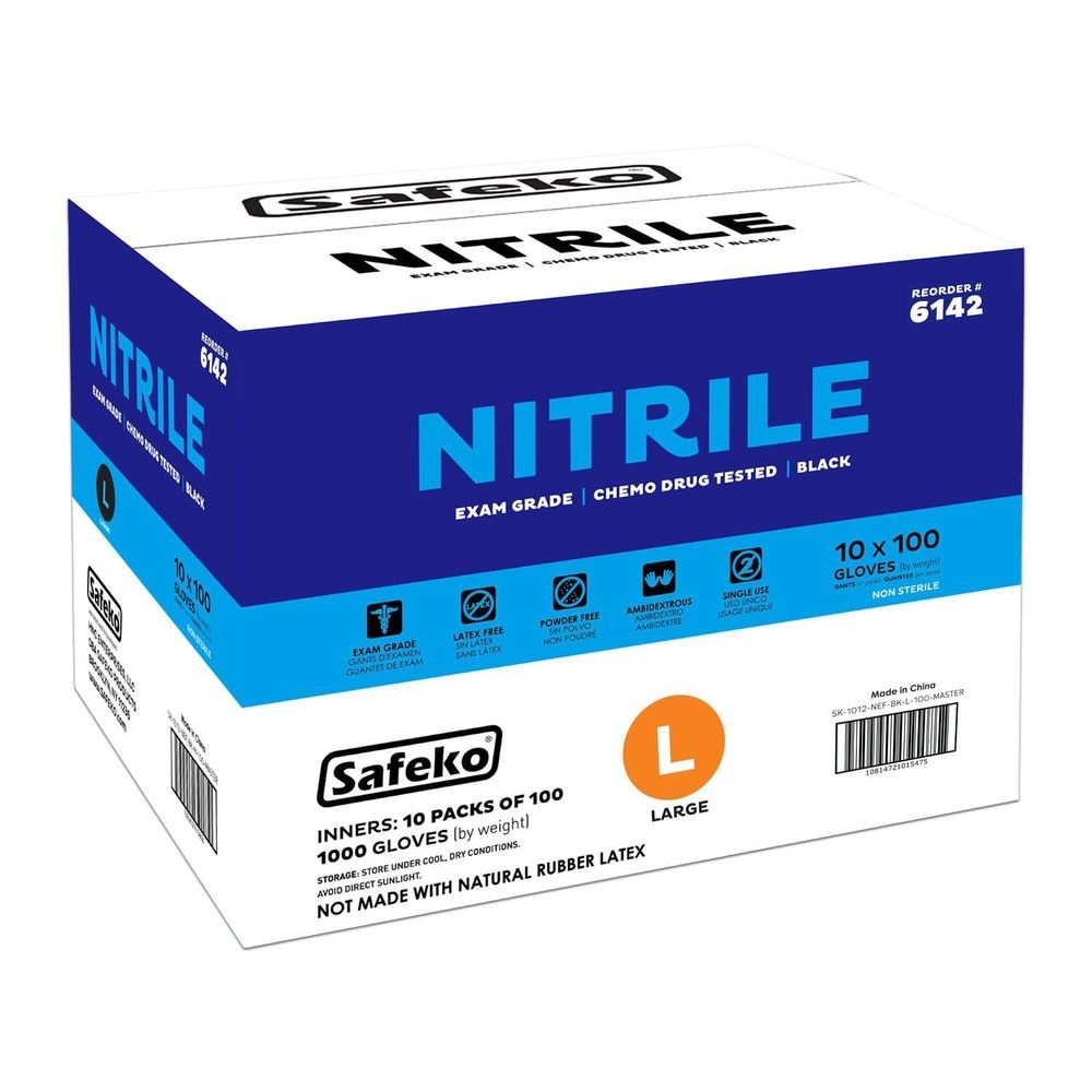 Safeko Large Black 4 Mil Powder Free Nitrile Examination Gloves, 100 count -- 10 per case