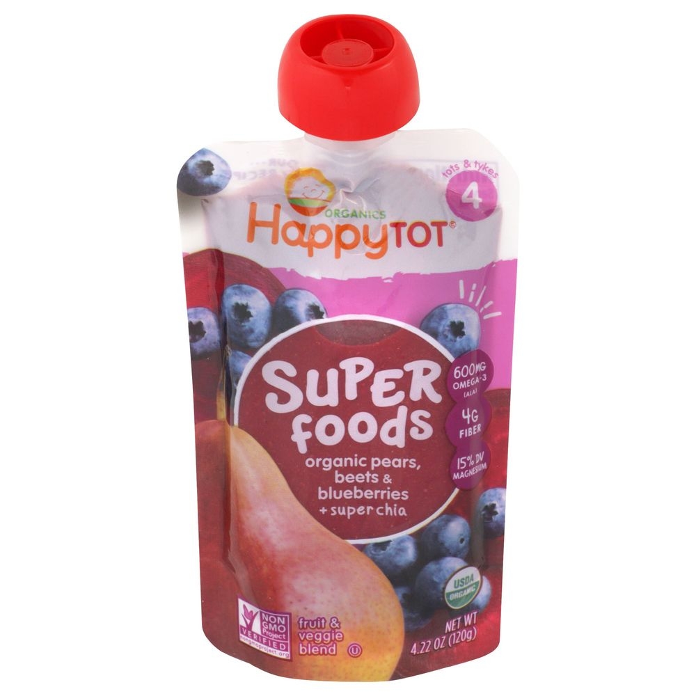 Happy Tot Organic Super Foods Blueberry Pear and Beet Baby Food, 4.22 Ounce -- 16 per case