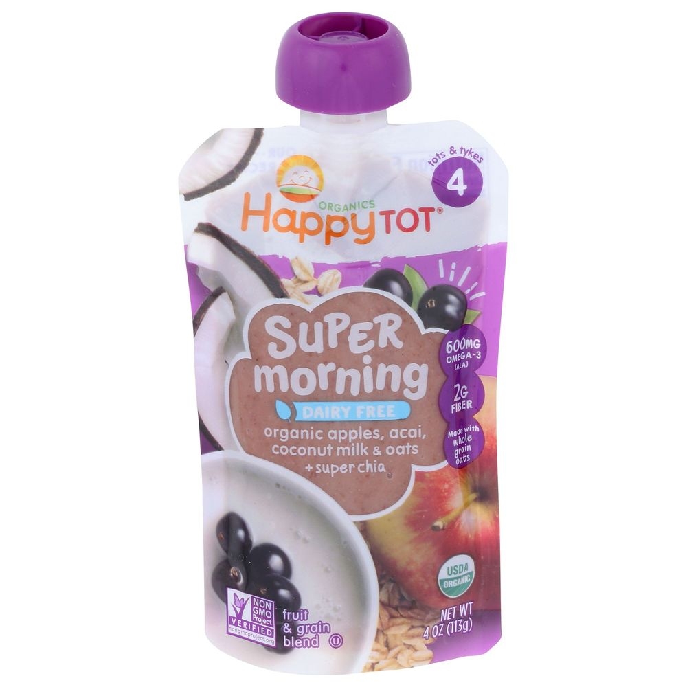Happy Tot Super Morning Organic Apples Acai Coconut Milk and Oats with Super Chia Pouch for Stage 4 Babies, 4 Ounce -- 16 per case