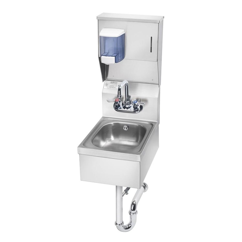 Krowne P Trap and Stainless Steel Skirt Hand Sink with Soap Towel Dispenser, 12 x 14 1/4 x 30 .5 inch