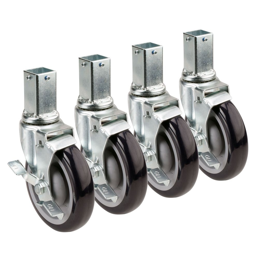 Krowne 6 inch Overall 1 inch Square Post Wire Shelving Caster with Side Brake and 5 inch Wheel, set of 4