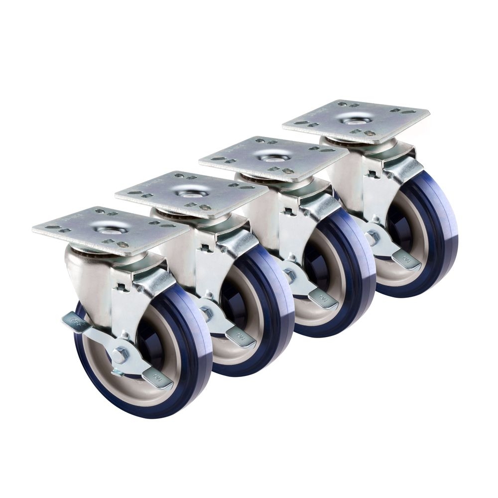 Krowne Economy Series 6 inch Overall 4 x 4 inch Universal Plate Caster with Side Brake and 5 inch Wheel, set of 4