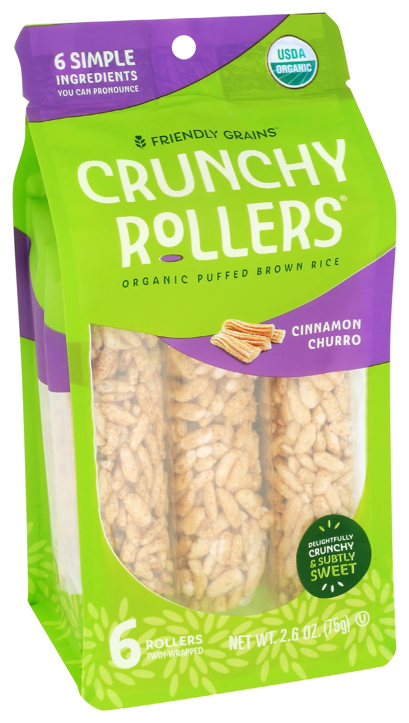 Friendly Grains Organic Cinnamon Churro Puffed Brown Rice Crunchy Rollers, 2.6 Ounce -- 9 per case