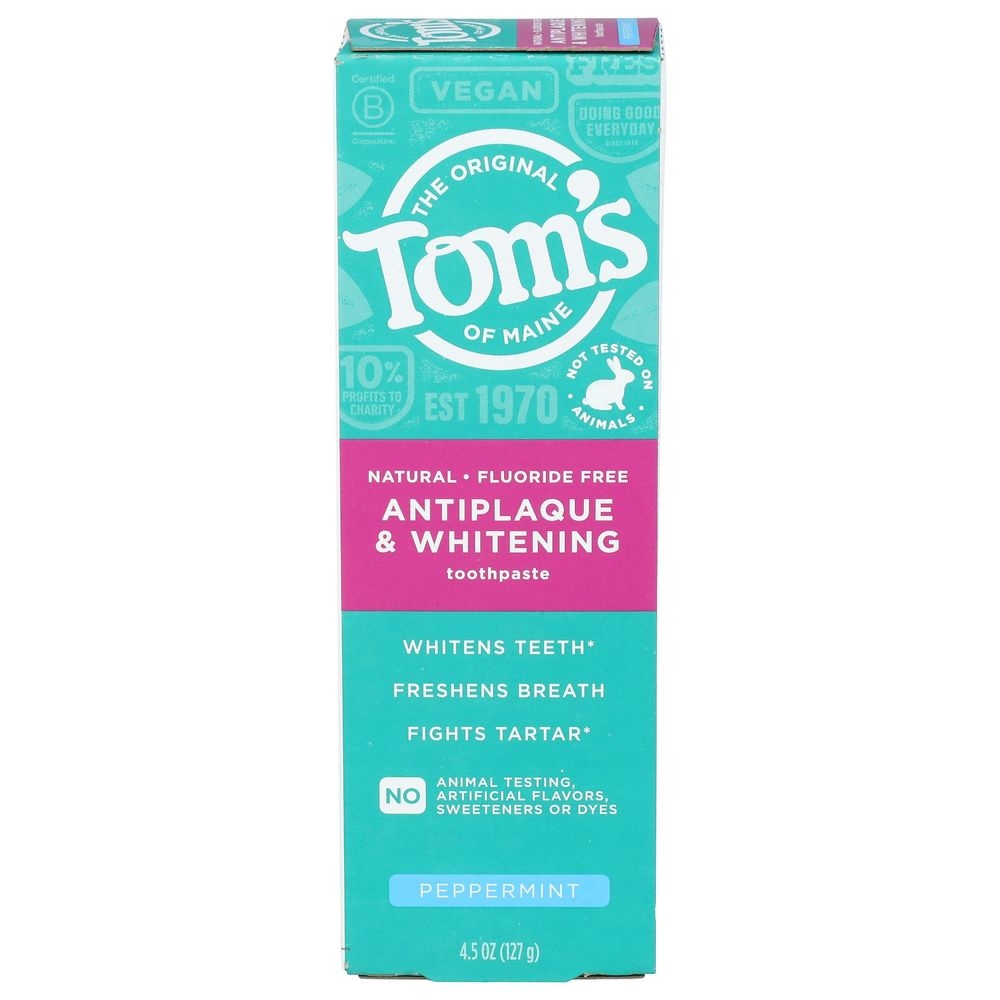 Toms Of Maine Peppermint Fluoride-Free Antiplaque and Whitening Toothpaste, 4.5 Ounce