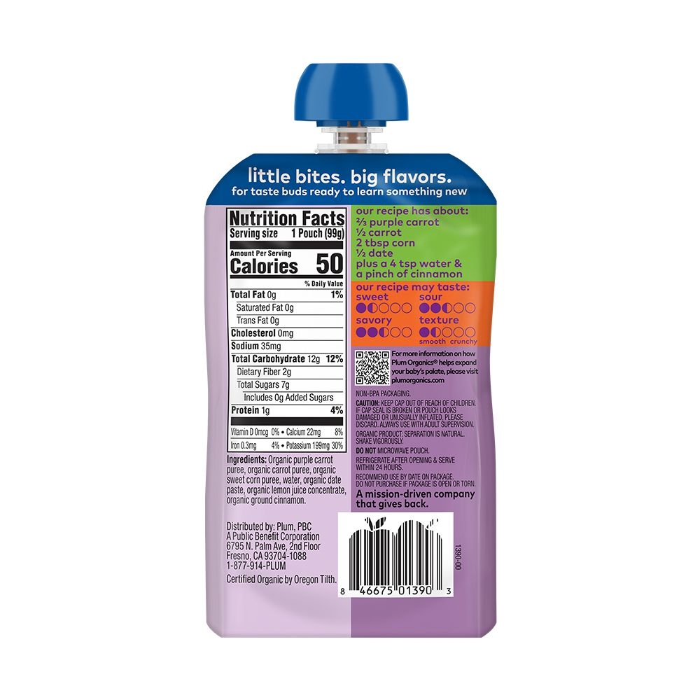 Plum Organics Carrot Corn Date Plus Cinnamon Stage 2 Baby Food, 3.5 Ounce -- 6 per case