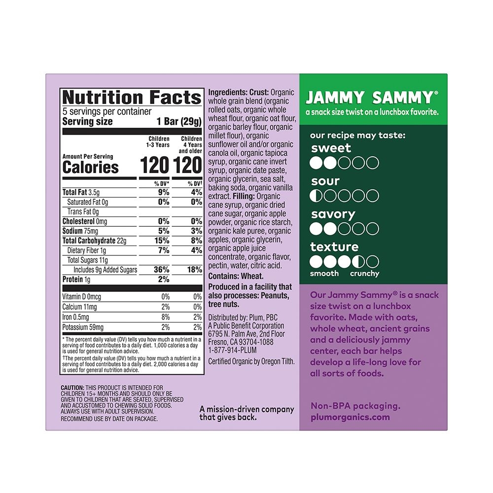 Plum Organics Jammy Sammy Apple Kale Plus Oatmeal Sandwich Bar, 1.02 Ounce -- 6 per case