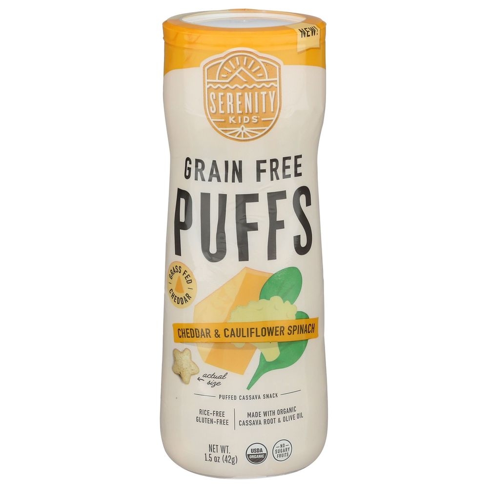 Serenity Kids Grain-free Cheddar and Cauliflower Spinach Puffs for 6 plus Month Kids, 1.5 Ounce -- 6 per case