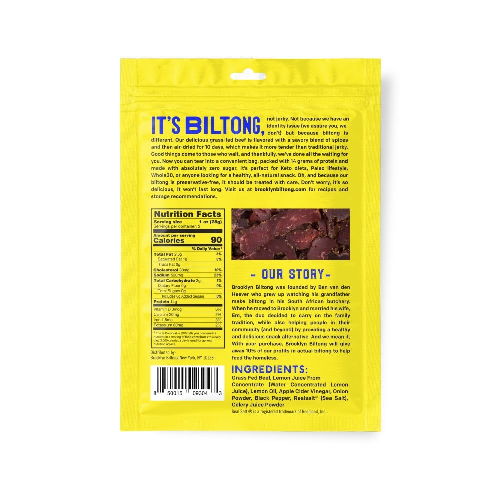 Brooklyn Biltong Lemon Pepper Air Dried Beef Jerky, 2 Ounce -- 8 per case