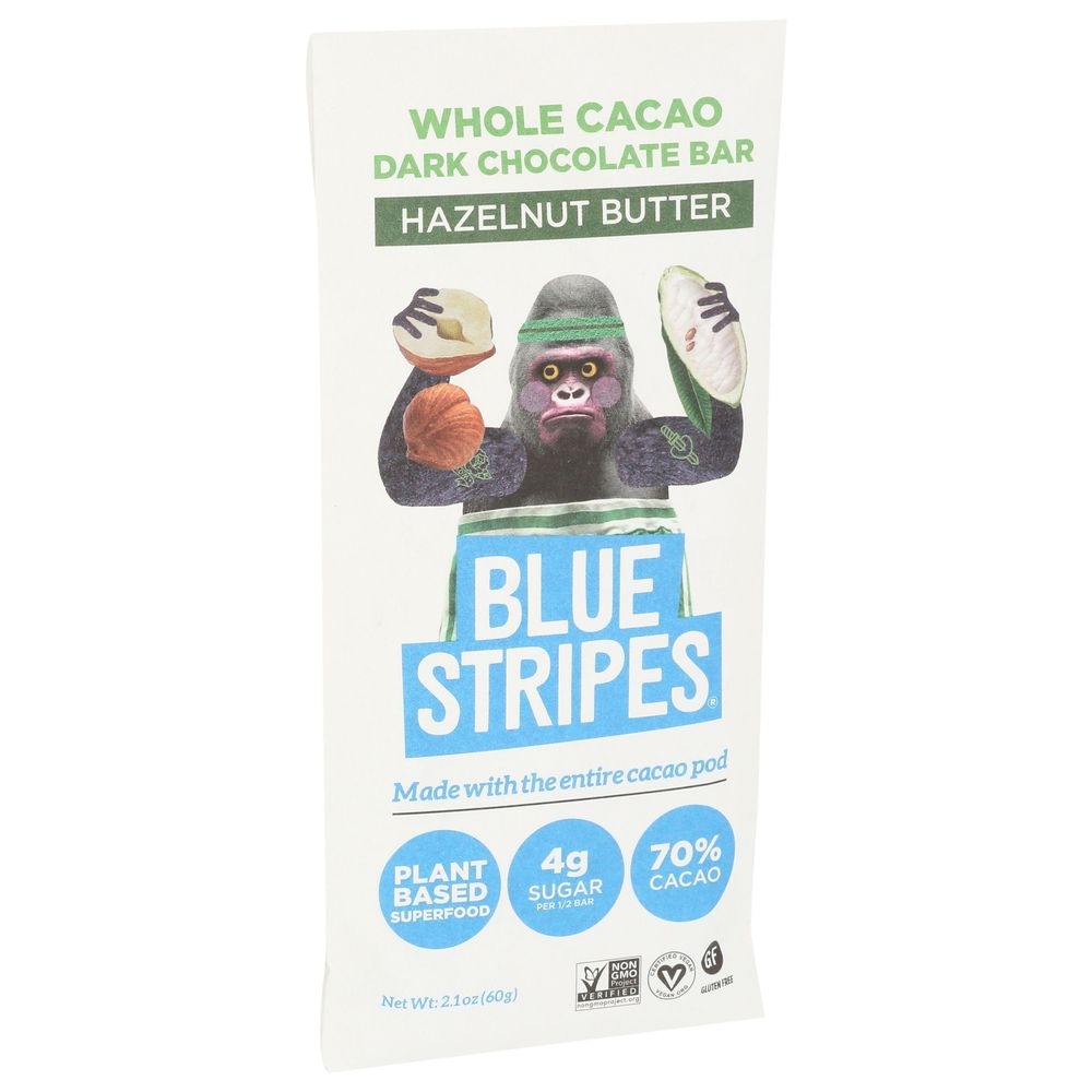 Blue Stripe Hazelnut Butter Whole Cacao Dark Chocolate Bar, 2.1 Ounce -- 12 per case