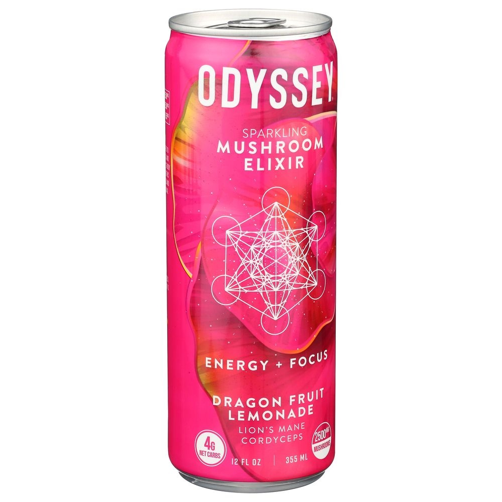 Odyssey Dragonfruit Lemonade Sparkling Energy Mushroom Elixir, 12 Fluid Ounce -- 12 per case