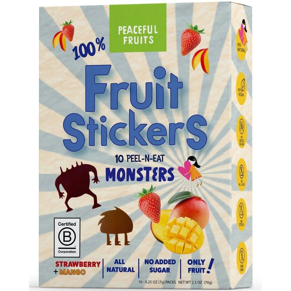 Peaceful Fruits Monsters Strawberry and Mango Fruit Stickers, 2.5 Ounce -- 12 per case