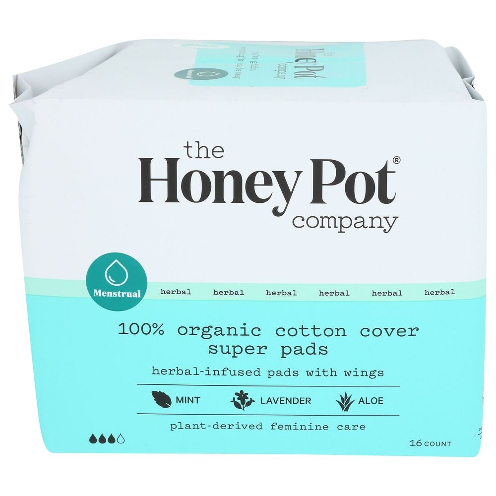 The Honey Pot Organic Cotton Cover Herbal Super Pads with Wings, 16 Count -- 2 per case