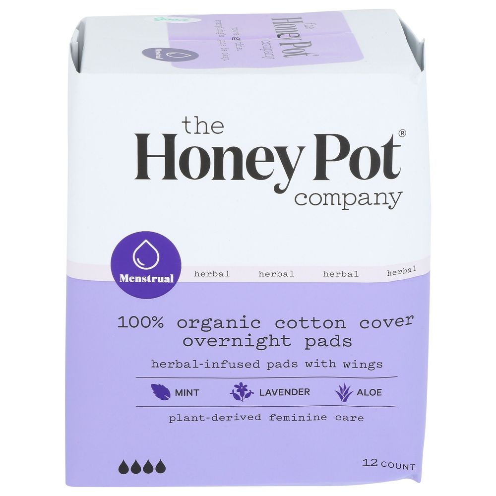 The Honey Pot Organic Cotton Cover Overnight Pads with Wings, 12 count