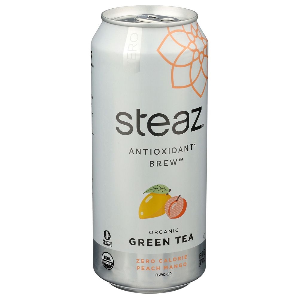 Steaz Antioxidant Brew Organic Zero Calorie Peach Mango Iced Green Tea, 16 Fluid Ounce -- 12 per case