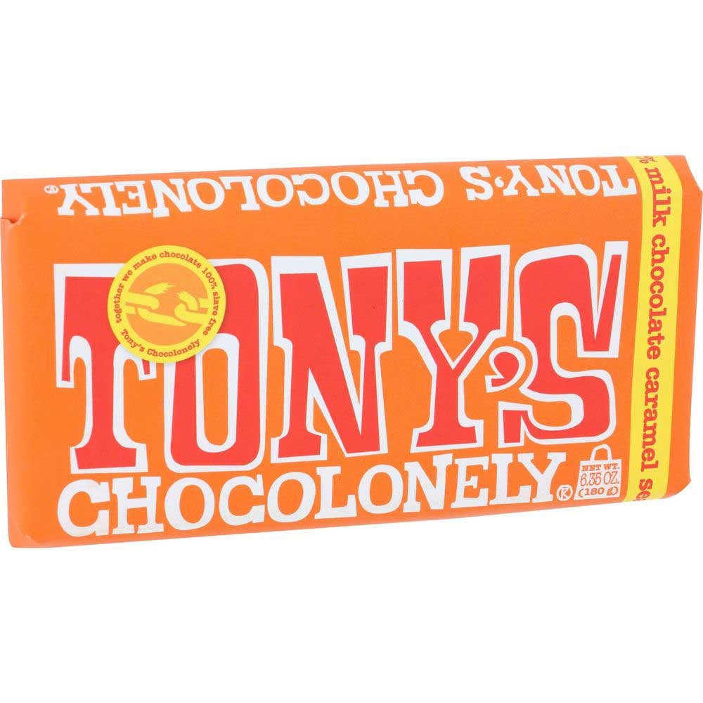 Tonys Chocolonely Caramel Sea Salt 32 Percent Milk Chocolate Bar, 6.35 Ounce -- 15 per case