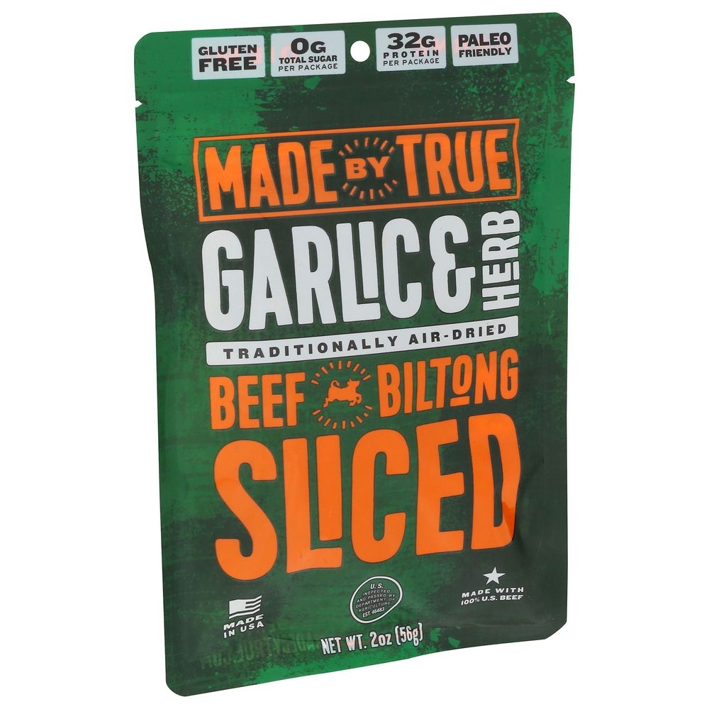 Made By True Garlic and Herb Sliced Biltong Beef Jerky, 2 Ounce -- 8 per case