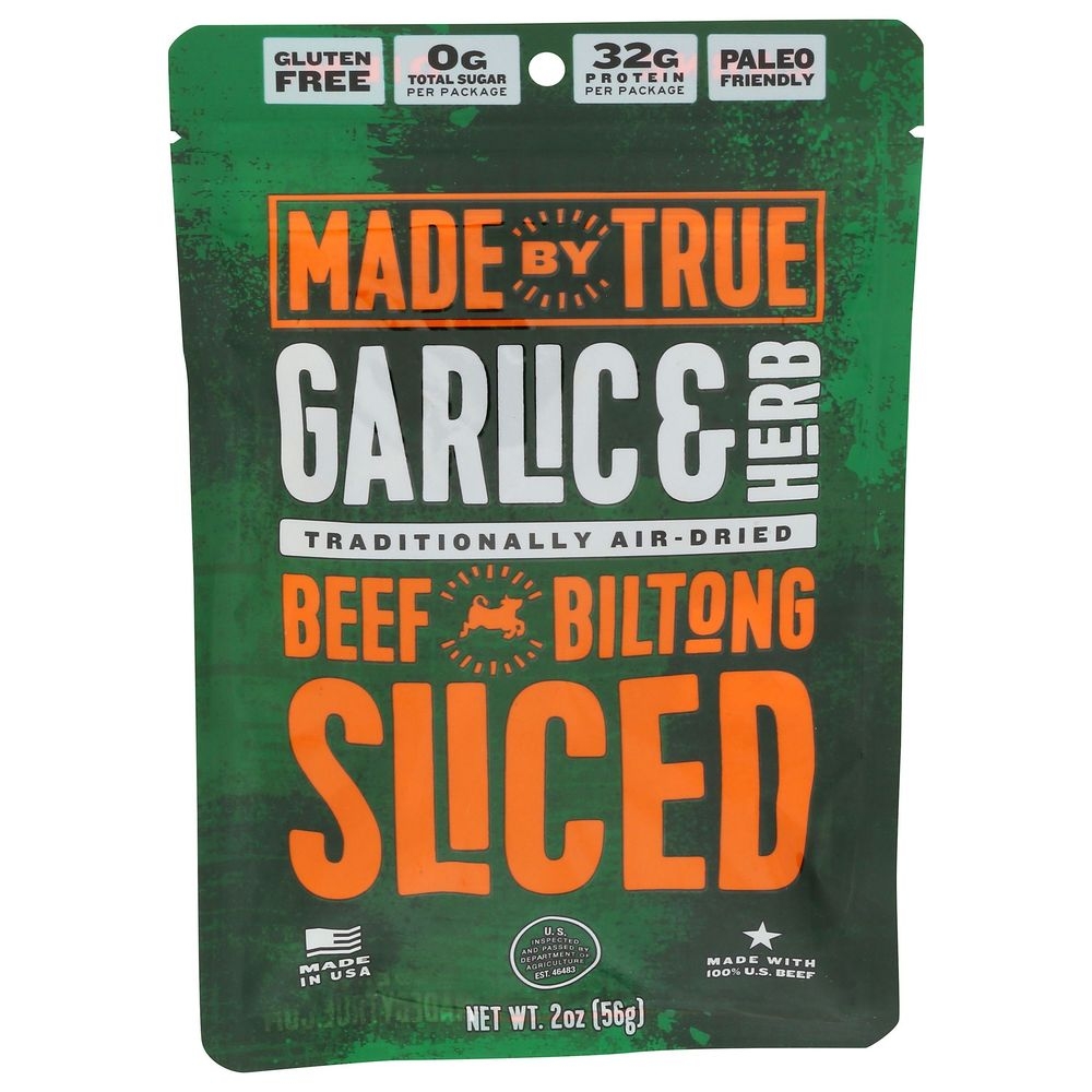 Made By True Garlic and Herb Sliced Biltong Beef Jerky, 2 Ounce -- 8 per case