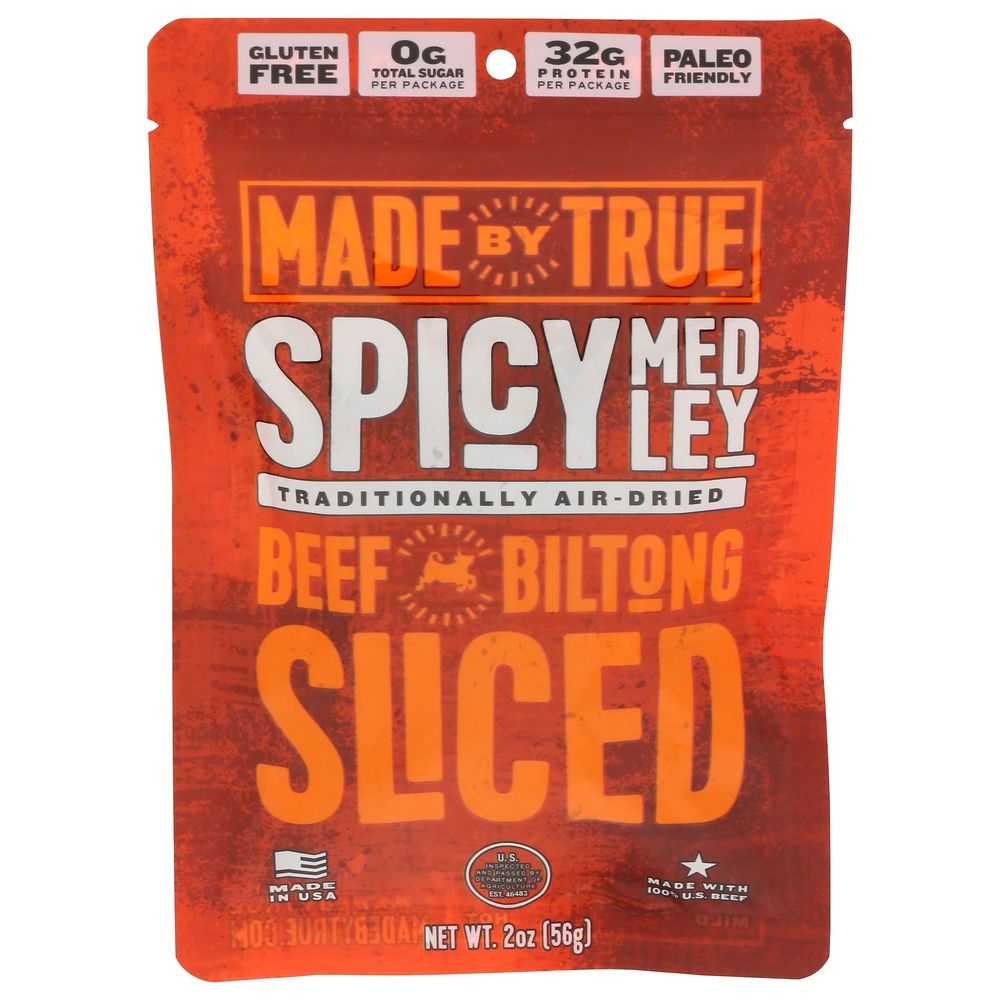 Made By True Spicy Medley Sliced Biltong Beef Jerky, 2 Ounce -- 8 per case