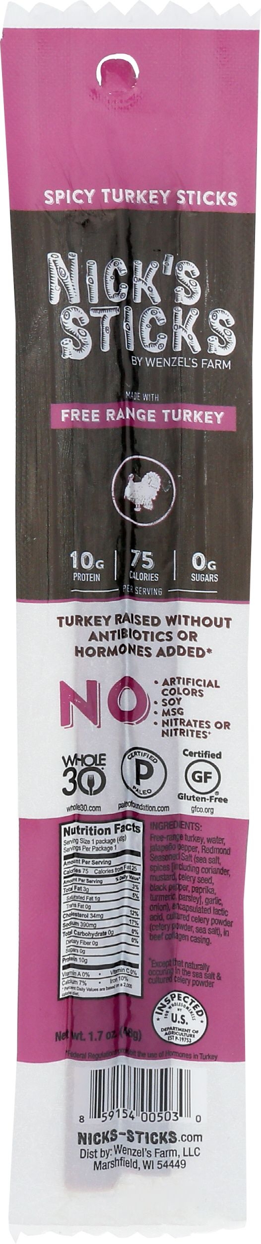Nicks Sticks Free Range Spicy Turkey Snack Stick, 1.7 Ounce -- 25 per case