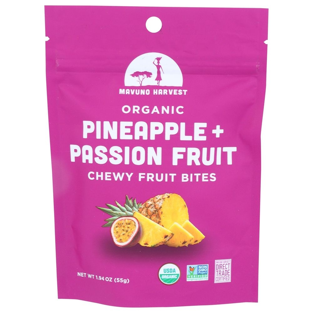 Mavuno Harvest Organic Dried Pineapple and Passionfruit Chewy Fruit Bites, 1.94 Ounce -- 8 per case