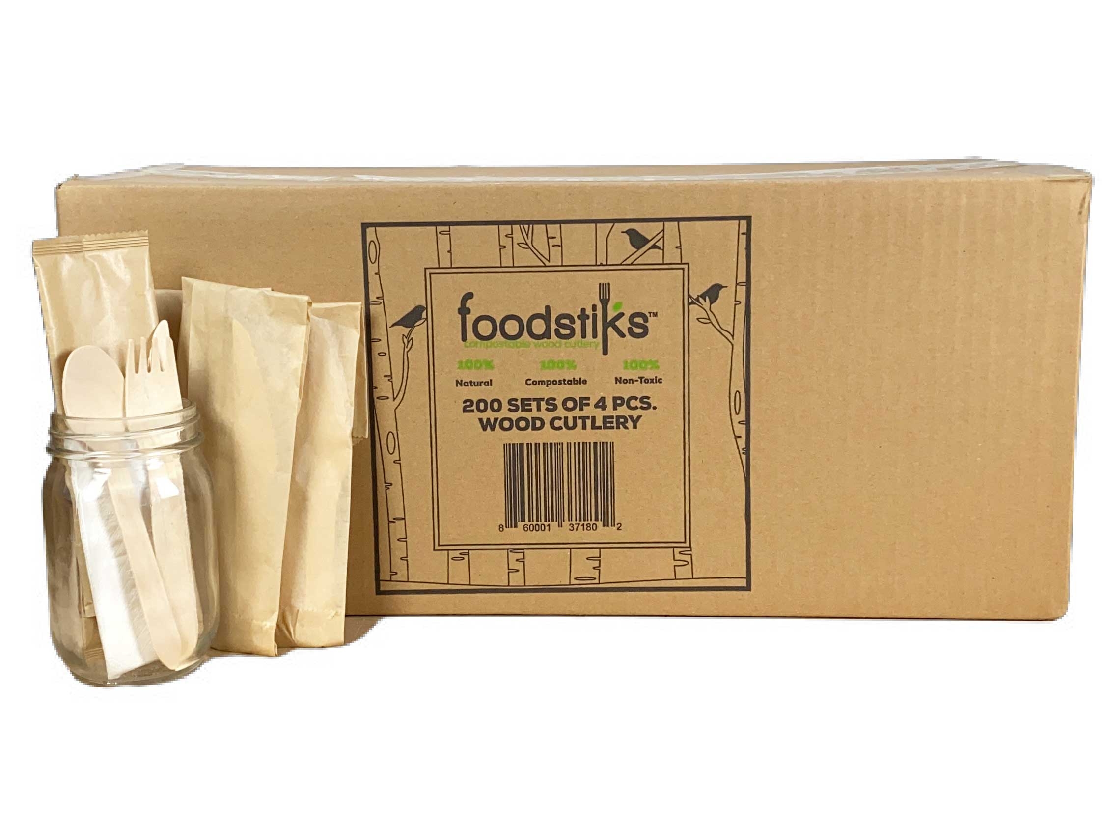 Foodstiks Compostable 4 Pieces Wood Cutlery Set, 6 1/4 inch Length -- 200 per case.