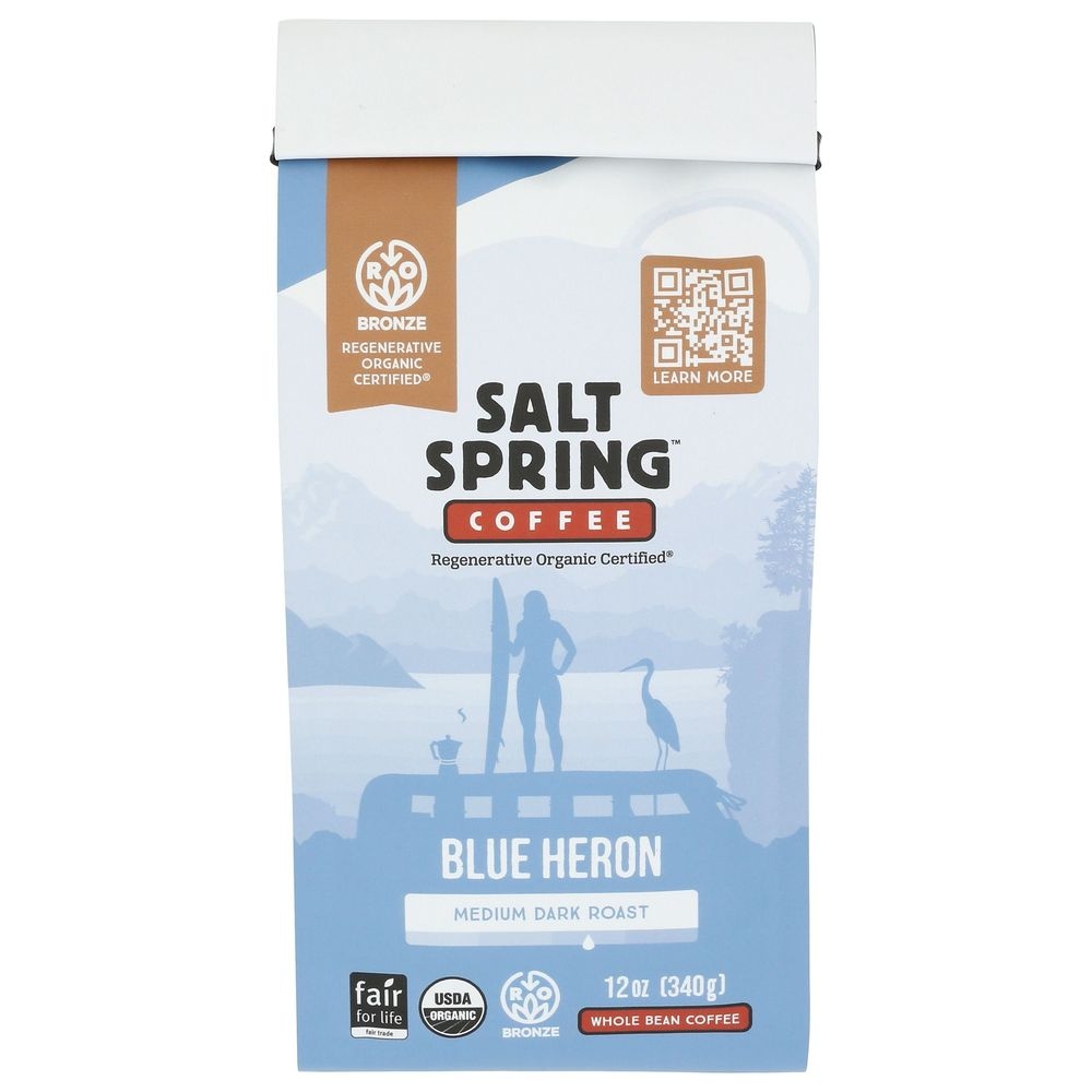 Salt Spring Organic Blue Heron Medium Dark Roast Whole Bean Coffee, 12 Ounce -- 6 per case