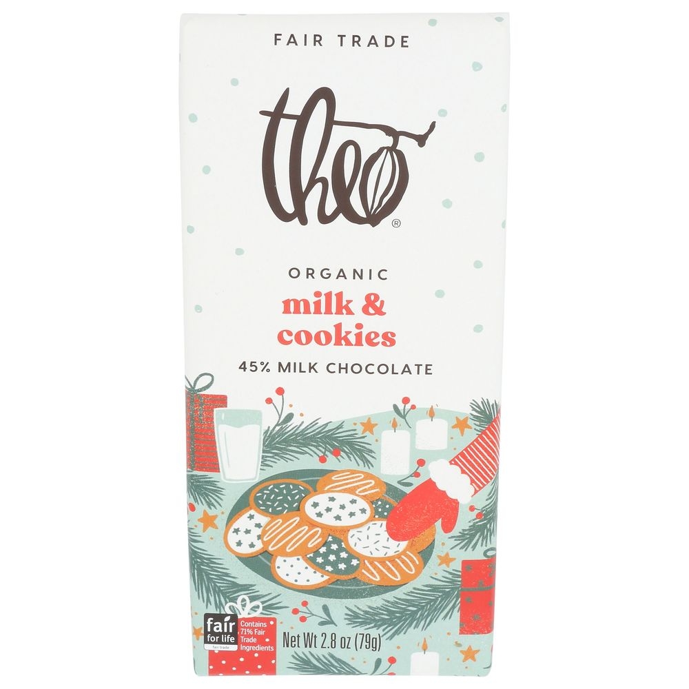 Theo Organic Milk and Cookies 45 Percent Milk Chocolate Bar, 2.8 Ounce -- 12 per case