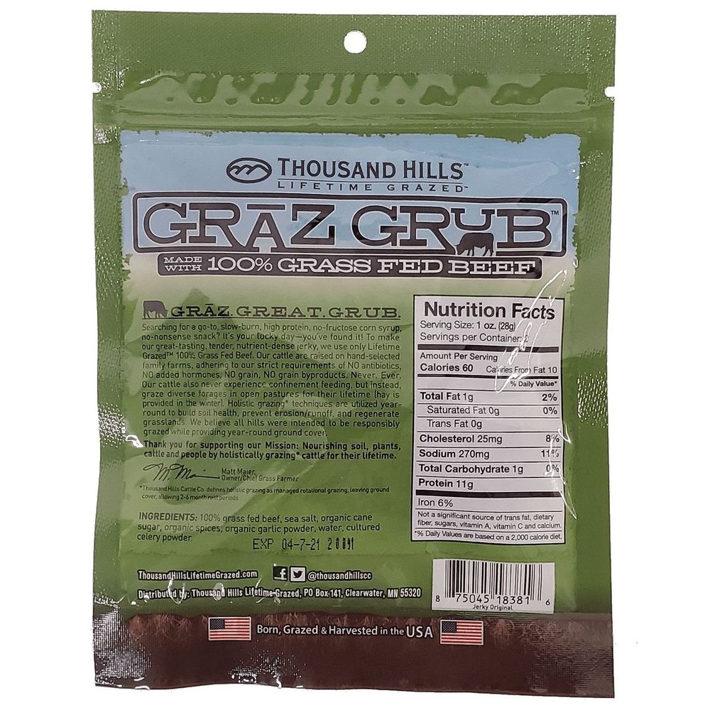 Thousand Hills Lifetime Grazed Grass Fed Original Beef Jerky, 2 Ounce -- 12 per case