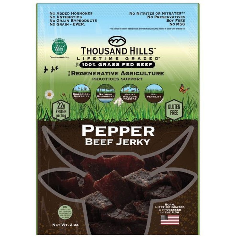 Thousand Hills Lifetime Grazed Grass Fed Pepper Beef Jerky, 2 Ounce -- 12 per case