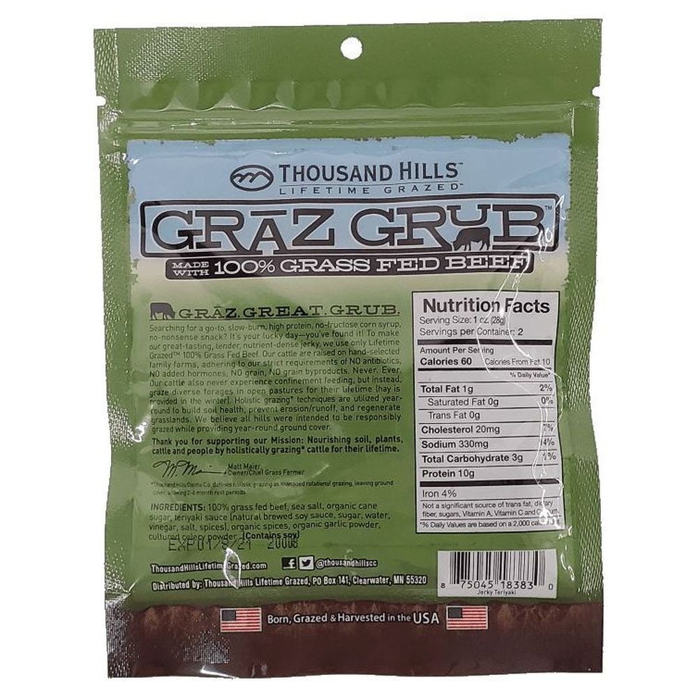 Thousand Hills Lifetime Grazed Grass Fed Teriyaki Beef Jerky, 2 Ounce -- 12 per case
