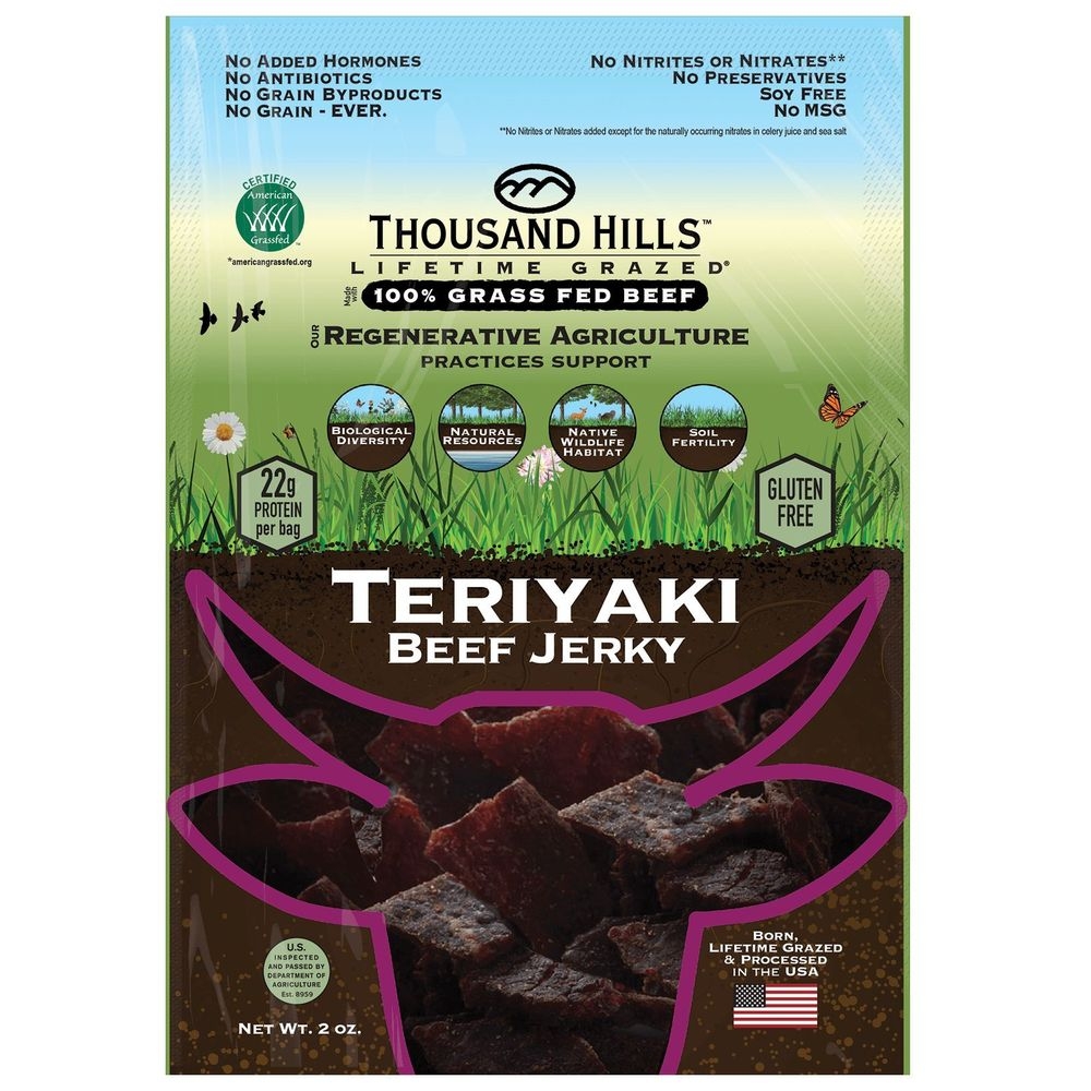 Thousand Hills Lifetime Grazed Grass Fed Teriyaki Beef Jerky, 2 Ounce -- 12 per case