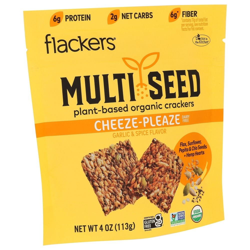 Flackers Organic Plant-Based Cheese-Pleaze Multi Seed Cracker, 4 Ounce -- 6 per case