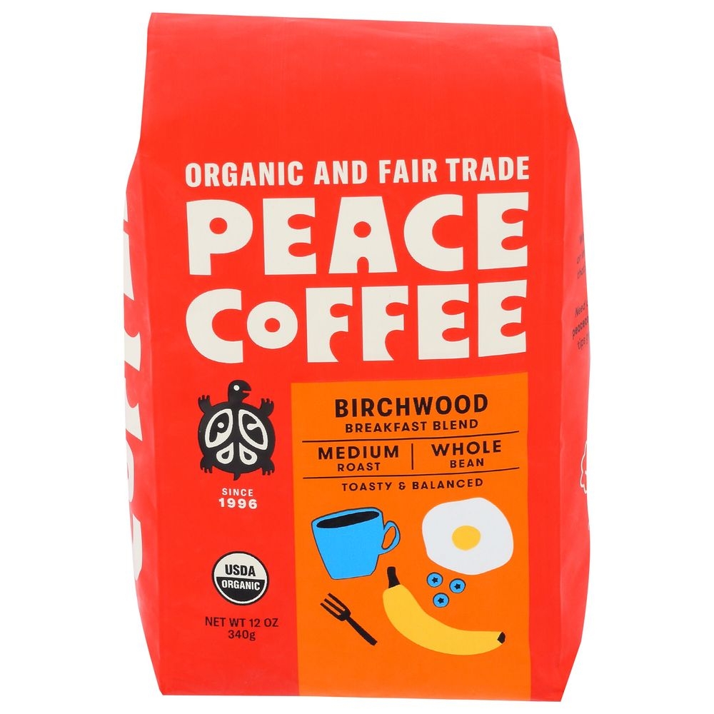 Peace Coffee Organic Birchwood Breakfast Blend Medium Roast Whole Bean Coffee, 12 Ounce -- 6 per case
