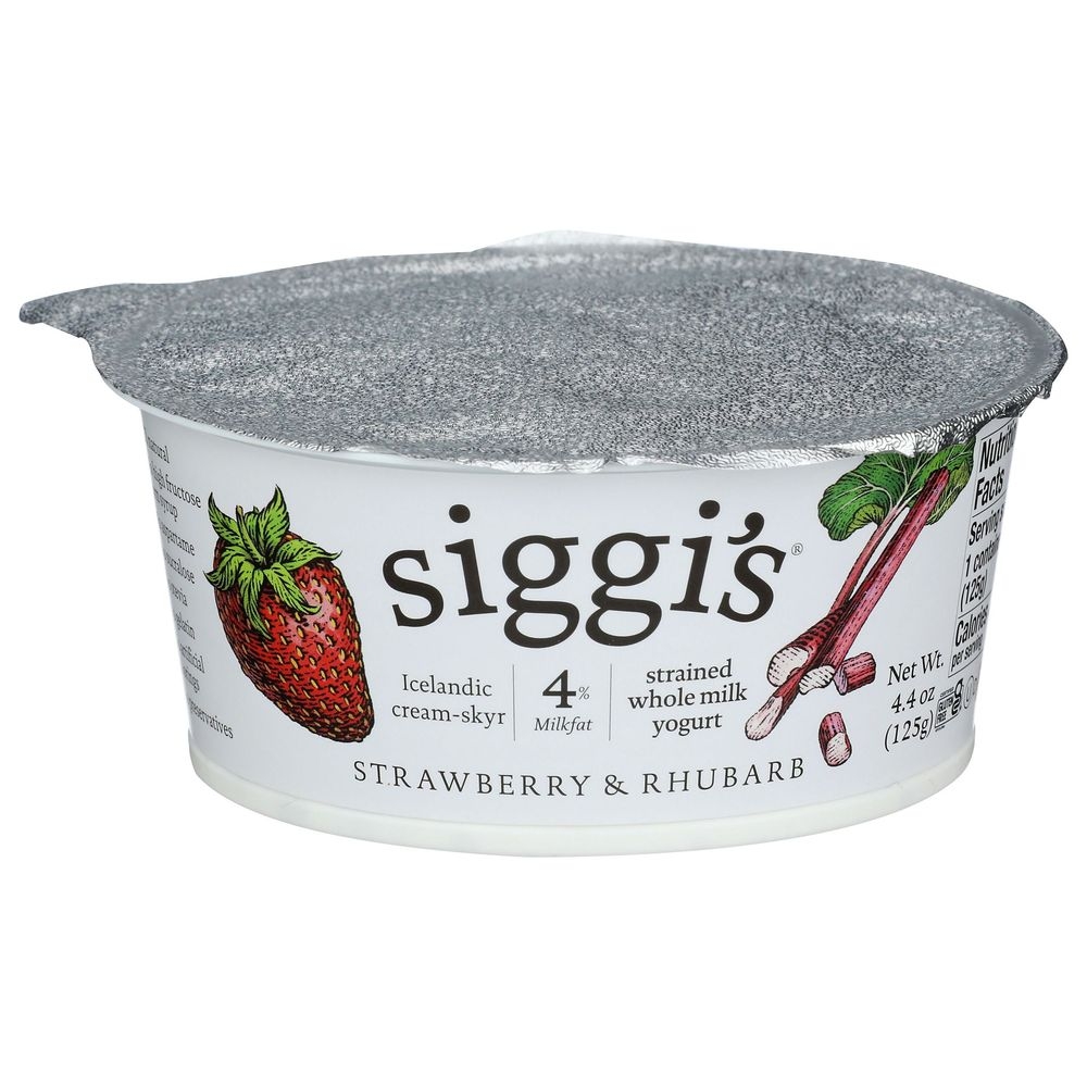 Siggis 4 Percent Strawberry and Rhubarb Whole Milk Yogurt, 4.4 Fluid Ounce -- 12 per case