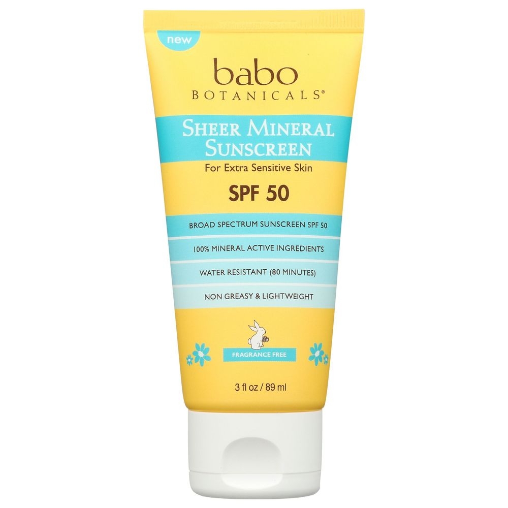 Babo Botanical SPF 50 Sheer Mineral Sunscreen Lotion for Sensitive Skin, 3 Fluid Ounce