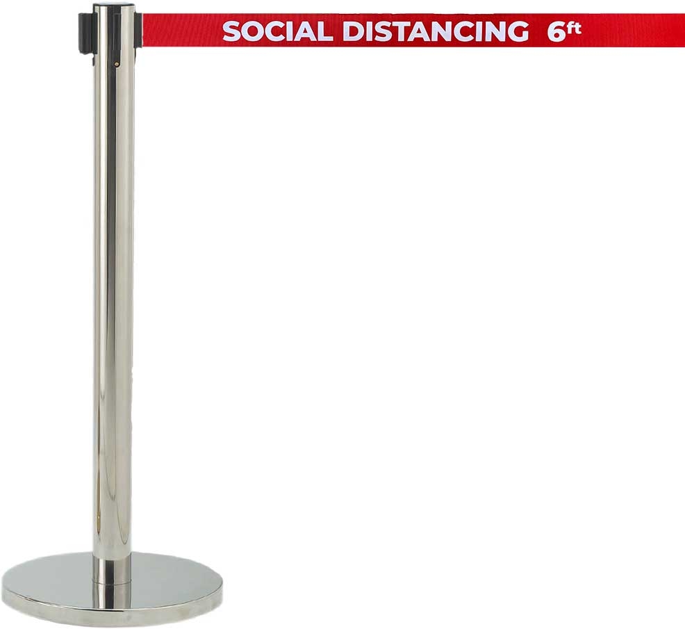 Aarco Form-A-Line (TM) Chrome Finish Crowd Control System with Double Sided Printed Social Distancing 6 ft Red Belt