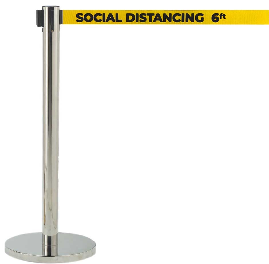 Aarco Form-A-Line (TM) Chrome Finish Crowd Control System with Double Sided Printed Social Distancing 6 ft Yellow Belt