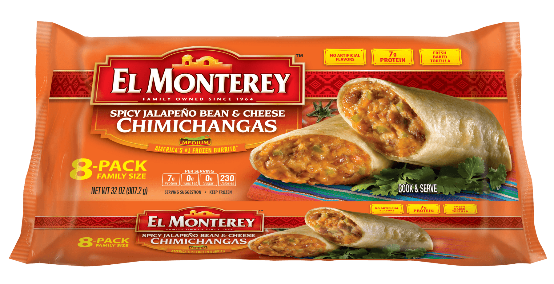 El Monterey Spicy Jalapeno Bean and Cheese Chimichanga Entree, 2 Pound -- 8 per case.