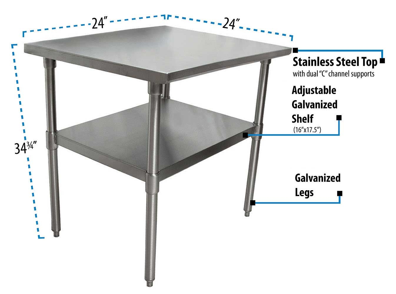 BK Resources 18 Gallon T-430 Stainless Steel Flat Top Work Table with Galvanized Undershelf and Galvanized Legs, 24 inch Width x 24 inch Depth